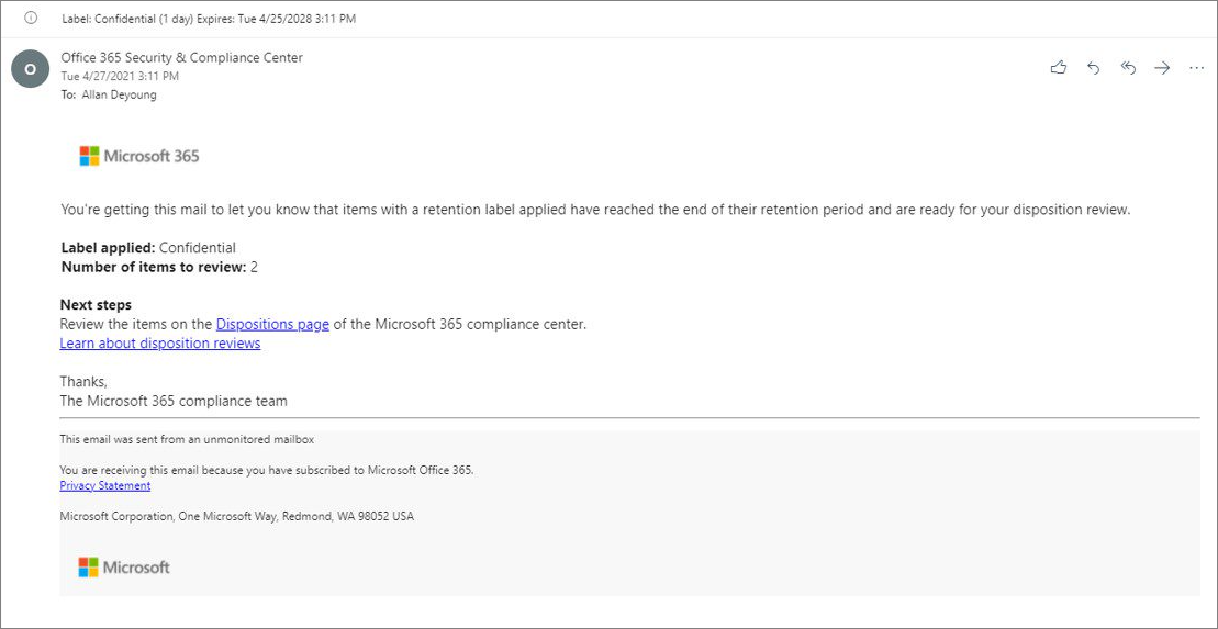 Exemplo de notificação por email com texto padrão quando um item está pronto para revisão de disposição.