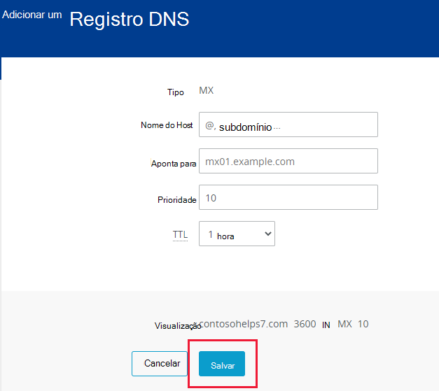 Captura de tela de onde você seleciona Salvar para adicionar um registro MX.