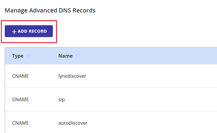 Captura de tela de onde você seleciona Adicionar um registro para adicionar um registro TXT de verificação de domínio.