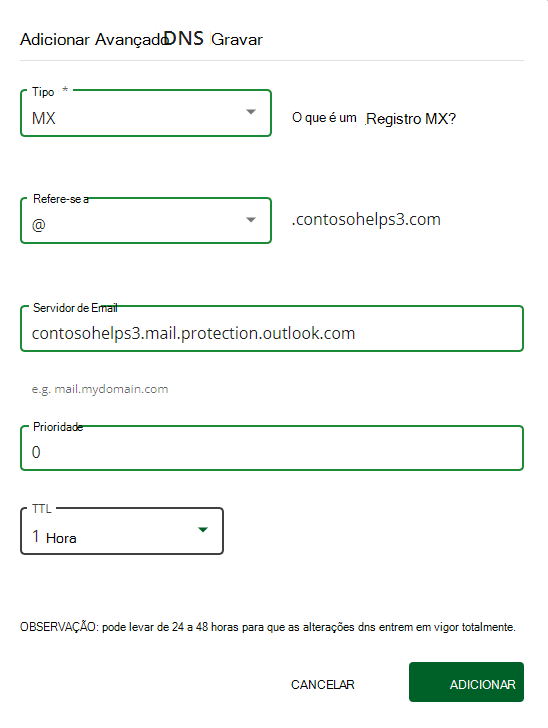 Captura de tela de onde você seleciona Adicionar para adicionar um registro MX.