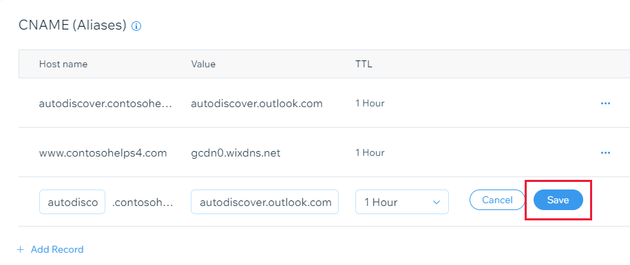 Captura de tela de onde você seleciona Salvar para adicionar um registro CNAME.