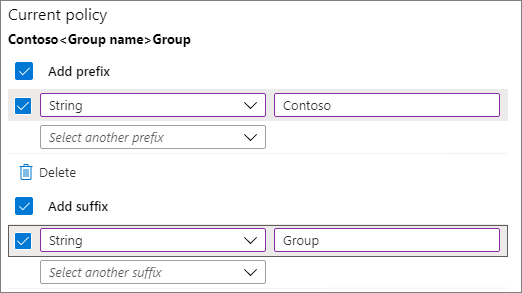 Captura de tela das configurações de política de nomenclatura de grupos no Microsoft Entra ID.