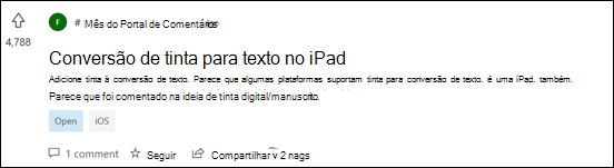 Captura de tela: exemplo de comentários cartão na conversão ink para texto em um iPad