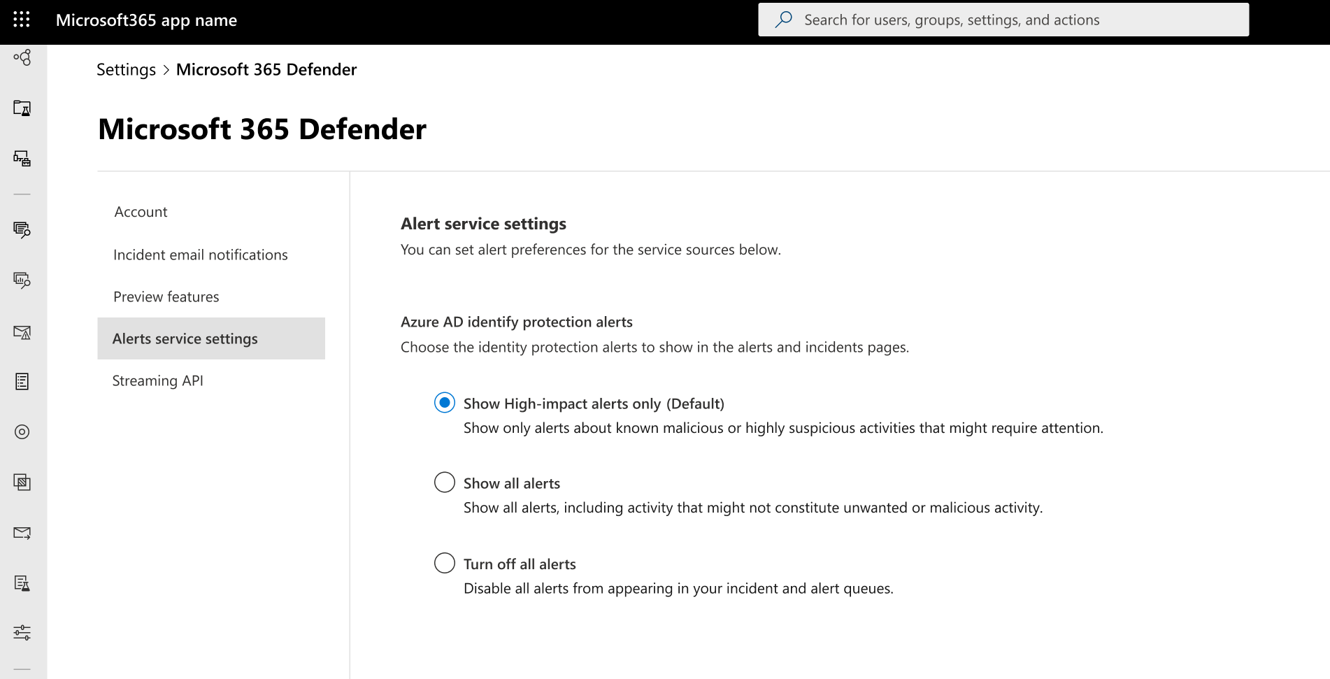Captura de tela da configuração de alertas de proteção de identidade Azure AD no portal do Microsoft 365 Defender.