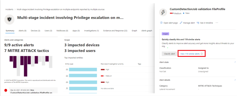 Captura de tela da seleção de um alerta no portal Microsoft 365 Defender