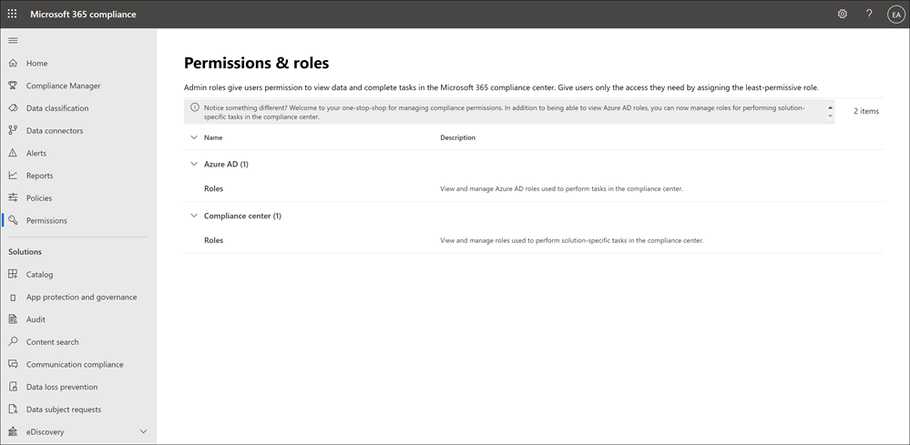 Página permissões no portal de conformidade do Microsoft Purview.