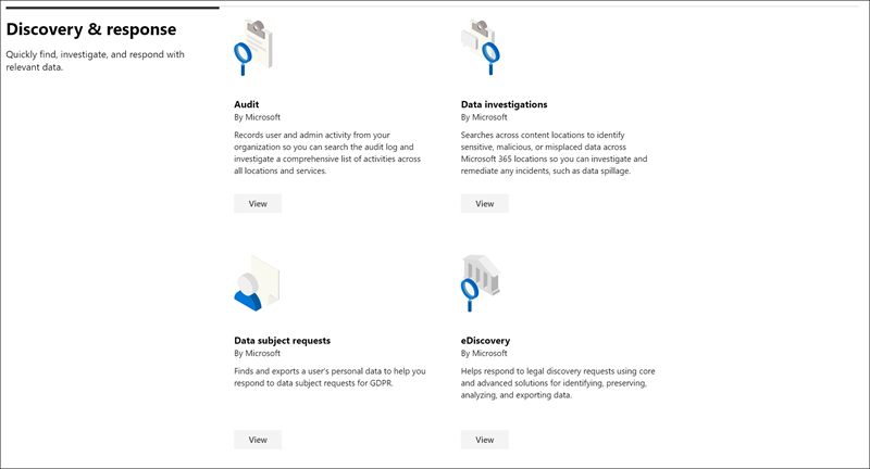 Seção de resposta e descoberta do catálogo de soluções do Microsoft Purview.