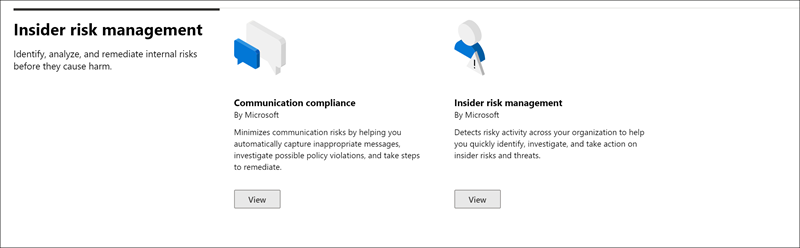 Seção de gerenciamento de risco interno do catálogo de soluções do Microsoft Purview.