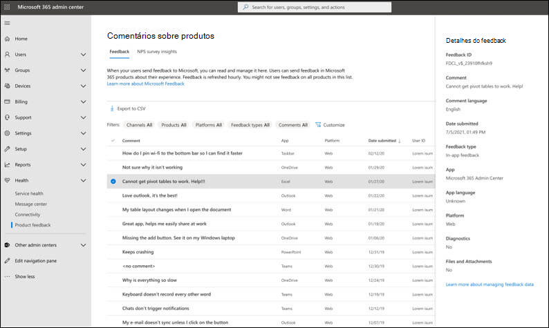 Comentários sobre produtos no centro de administração do Microsoft 365