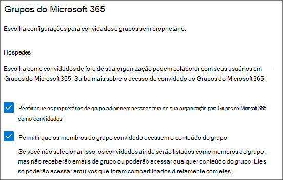 Captura de tela de Grupos do Microsoft 365 configurações de convidado no Centro de administração do Microsoft 365.
