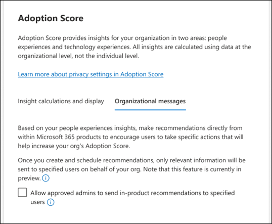 Captura de tela: habilitar mensagens organizacionais na pontuação de adoção