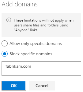 Captura de tela das configurações de limite de compartilhamento externo por domínio do Microsoft Office SharePoint Online.