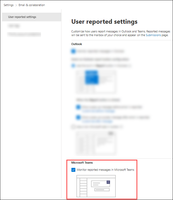 Captura de tela da configuração 'Monitorar mensagens relatadas no Microsoft Teams' no portal Microsoft 365 Defender.