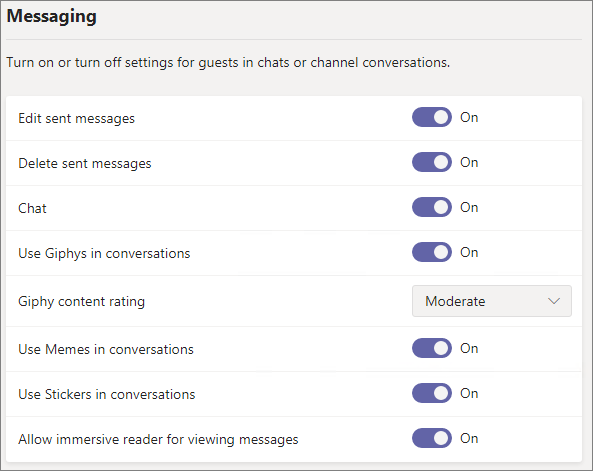 Captura de tela das configurações de mensagens de convidados do Teams.
