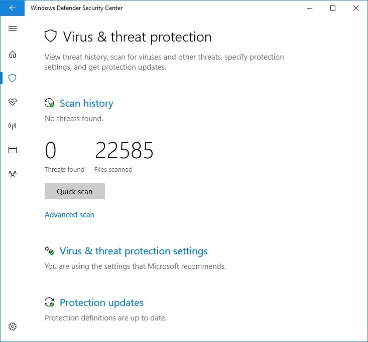 O Segurança do Windows aplicativo mostrando Microsoft Defender antivírus, incluindo opções de verificação, configurações e opções de atualização
