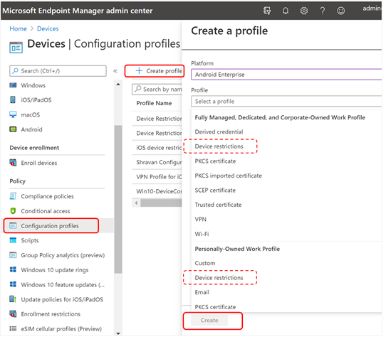 O item de menu Perfis de Configuração no painel Política
