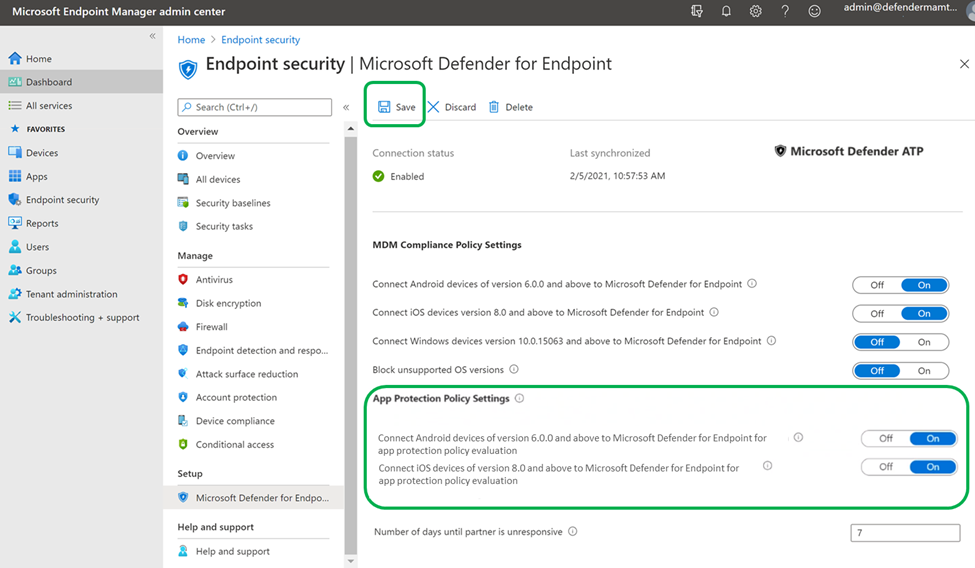 O painel configurações do aplicativo no portal Microsoft Defender.