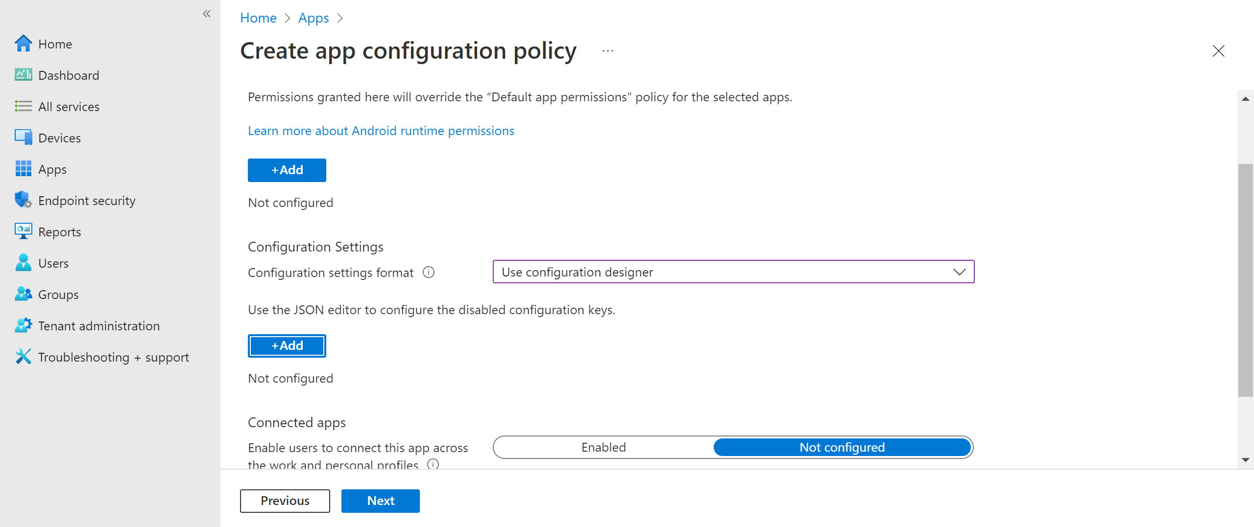 Imagem da política de configuração do aplicativo android create.
