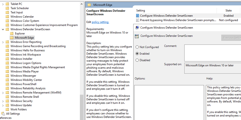 Configurar a tela inteligente do Windows Defender no Microsoft Edge