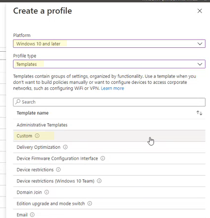 Os atributos de perfil de regra no Microsoft Intune portal do centro de administração.