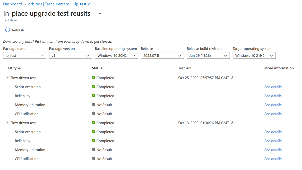 A captura de tela mostra os resultados do teste de resumo do teste.