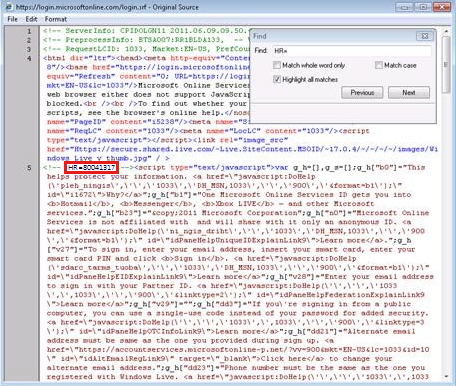 Captura de tela para pesquisar o código-fonte da cadeia de caracteres HR = .