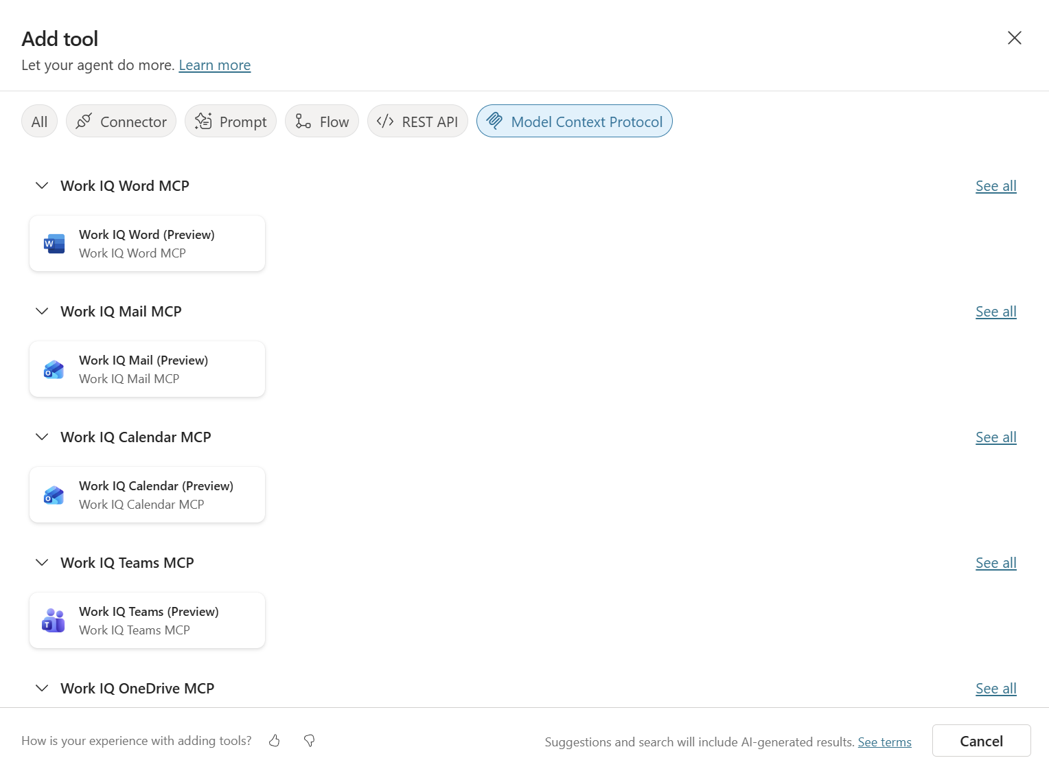 Screenshot da interface do Copilot Studio mostrando servidores MCP pré-certificados para desenvolvimento de baixo código.