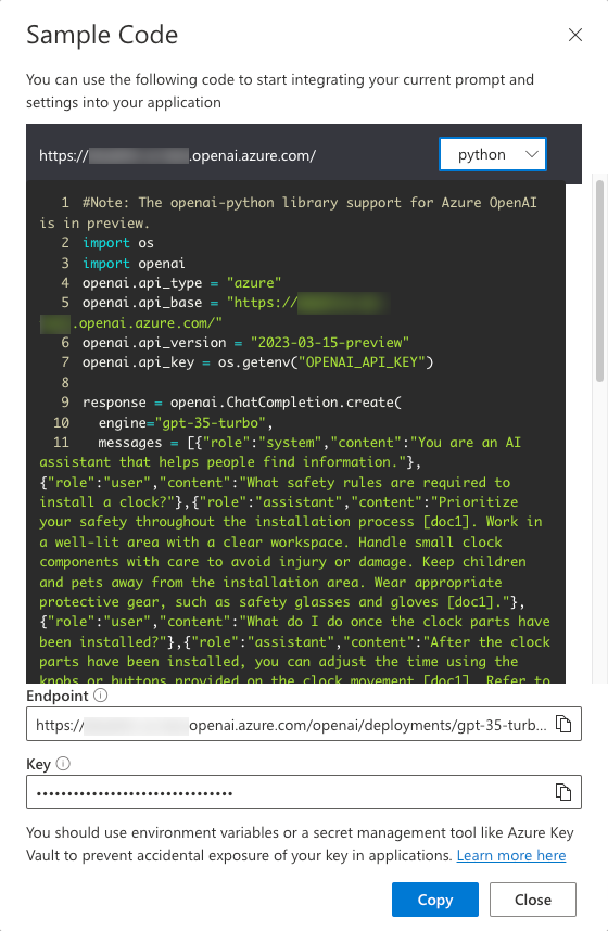 Sessão de Chat do Azure OpenAI Studio – Código de exemplo