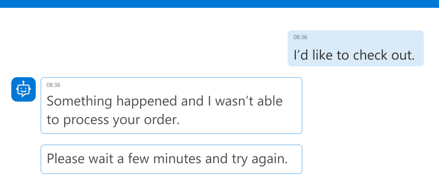 Captura de tela do agente dizendo ao usuário que algo deu errado.