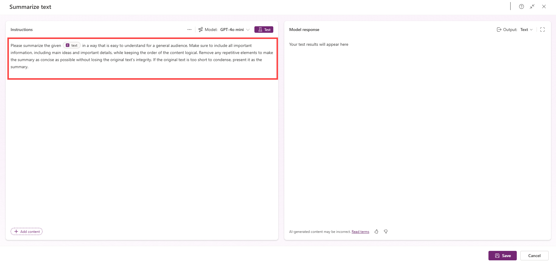 Captura de tela de resumo com entrada de texto.