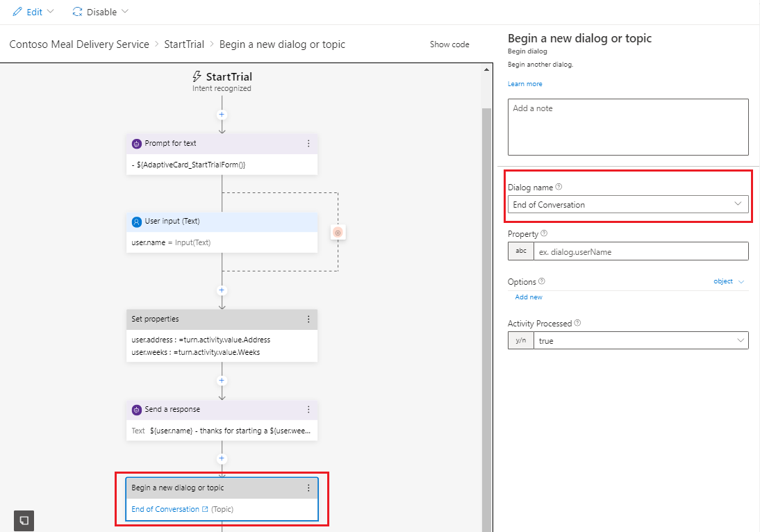 Captura de tela da ação Iniciar um tópico do Microsoft Copilot Studio.