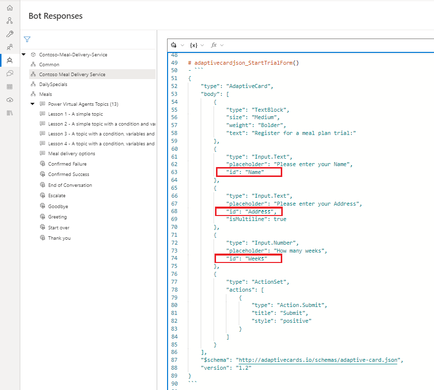 Captura de tela do Cartão Adaptativo JSON adicionado às respostas do bot.