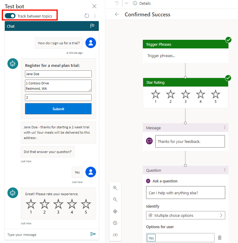 Captura de tela do painel Bot de teste do Microsoft Copilot Studio.