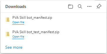 Captura de tela mostrando os dois manifestos do Microsoft Copilot Studio depois de terem sido baixados.