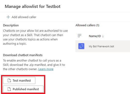 Captura de tela do painel Gerenciar lista de permissões mostrando o manifesto do copiloto do Microsoft Copilot Studio.