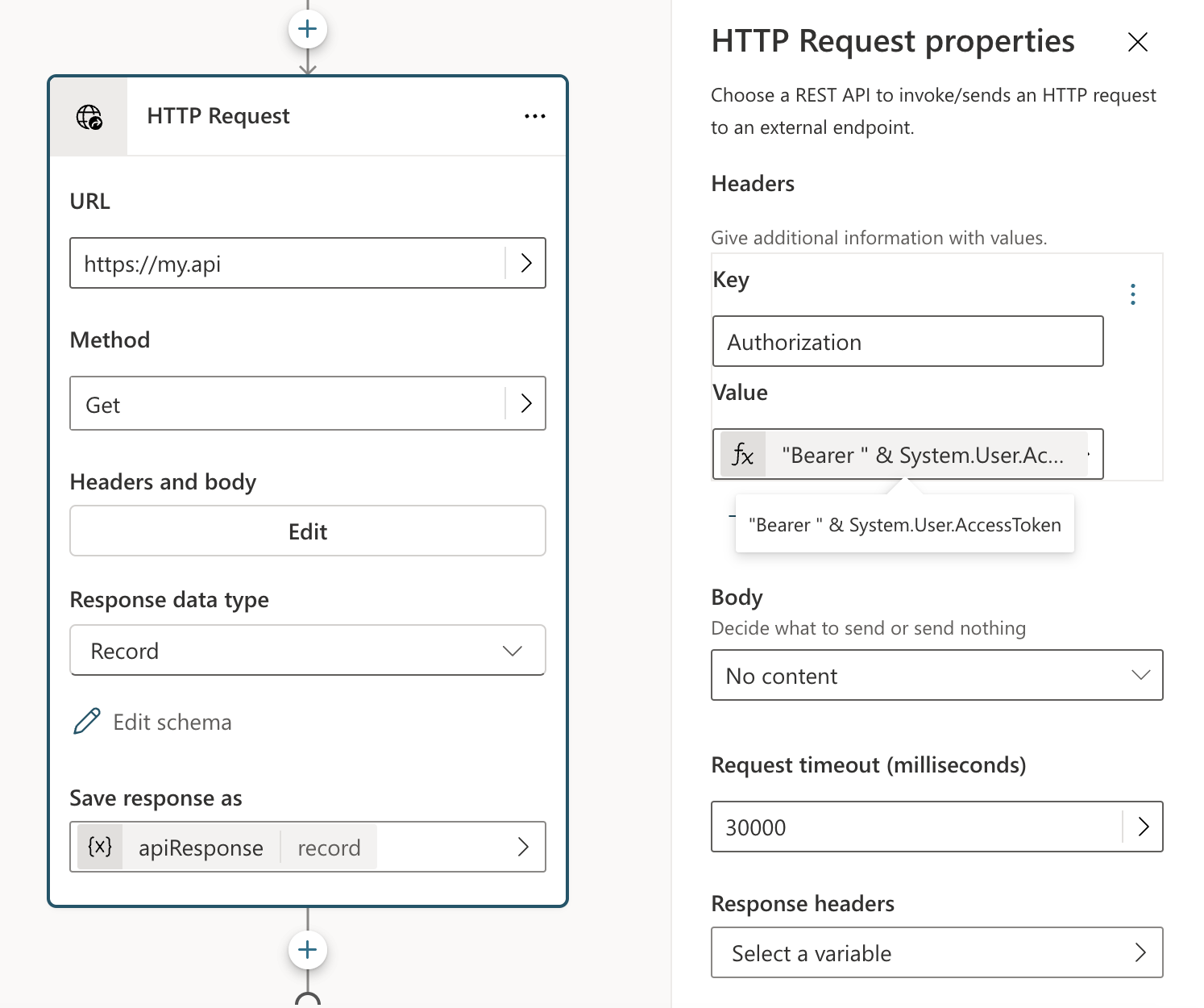 Captura de tela ilustrando uma chamada HTTP que acessa uma APU segura.