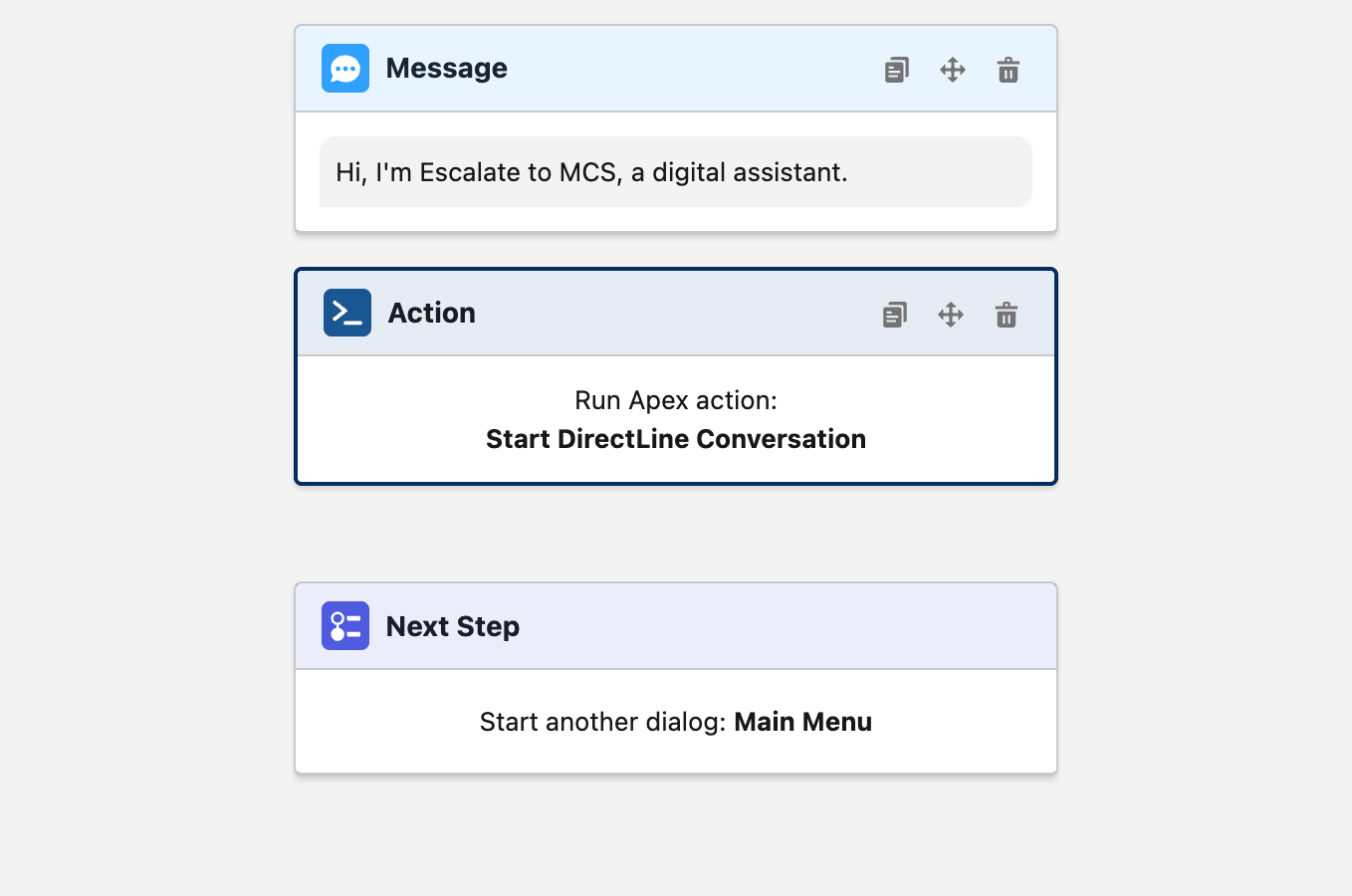 Einstein Bot Builder mostrando o fluxo de diálogo de boas-vindas com uma mensagem de saudação, ação Iniciar Conversa DirectLine e a próxima etapa para o Menu Principal.