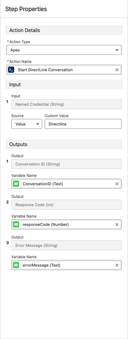 Painel de Propriedades da Etapa mostrando a ação Iniciar Conversa DirectLine com a entrada de Credencial Nomeada e a saída do ID da Conversa mapeada para uma variável.