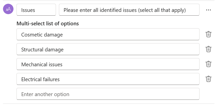 Captura de tela das opções de seleção múltipla para entradas de texto no Copilot Studio.