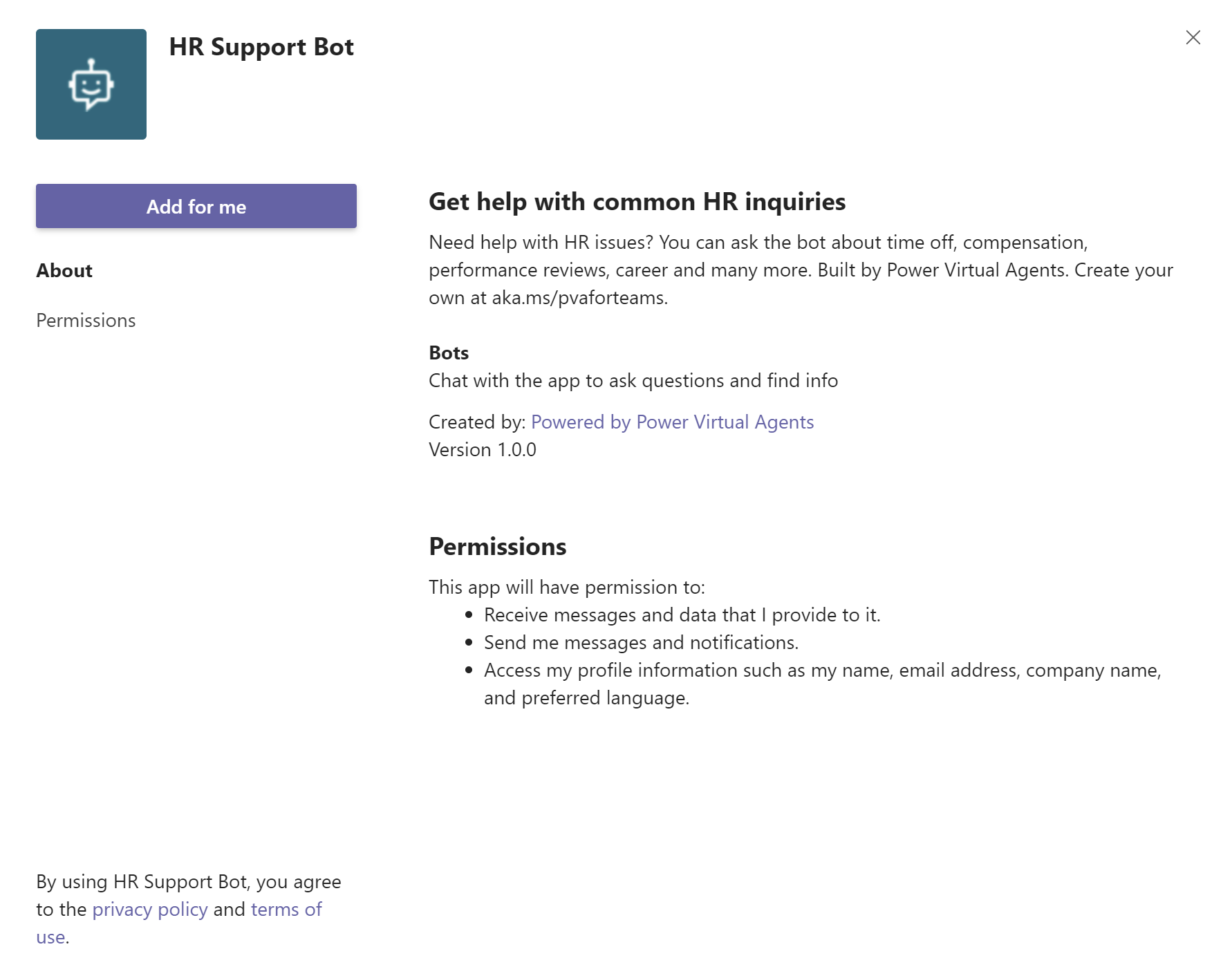  Captura de tela que mostra uma opção para adicionar o Copilot de Suporte de RH no Teams.