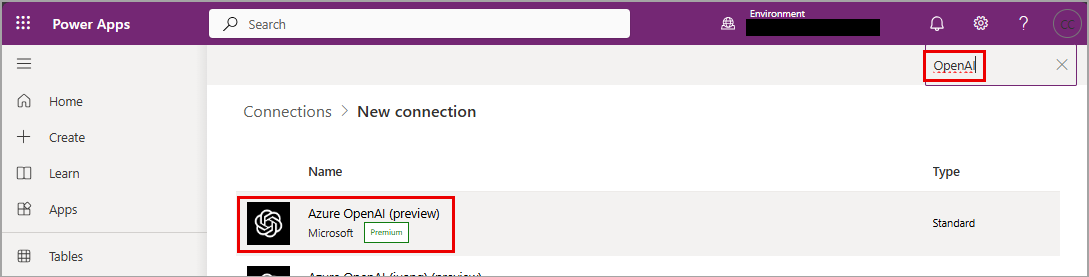 Captura de tela mostrando a busca por conexão OpenAI do Azure.