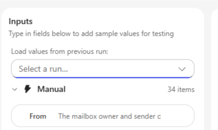 Screenshot of the Load values from previous run dropdown showing past runs with date, time, and status labels.