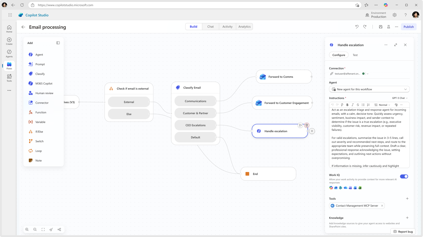 Screenshot of the Copilot Studio designer showing a published workflow with a trigger and several actions.