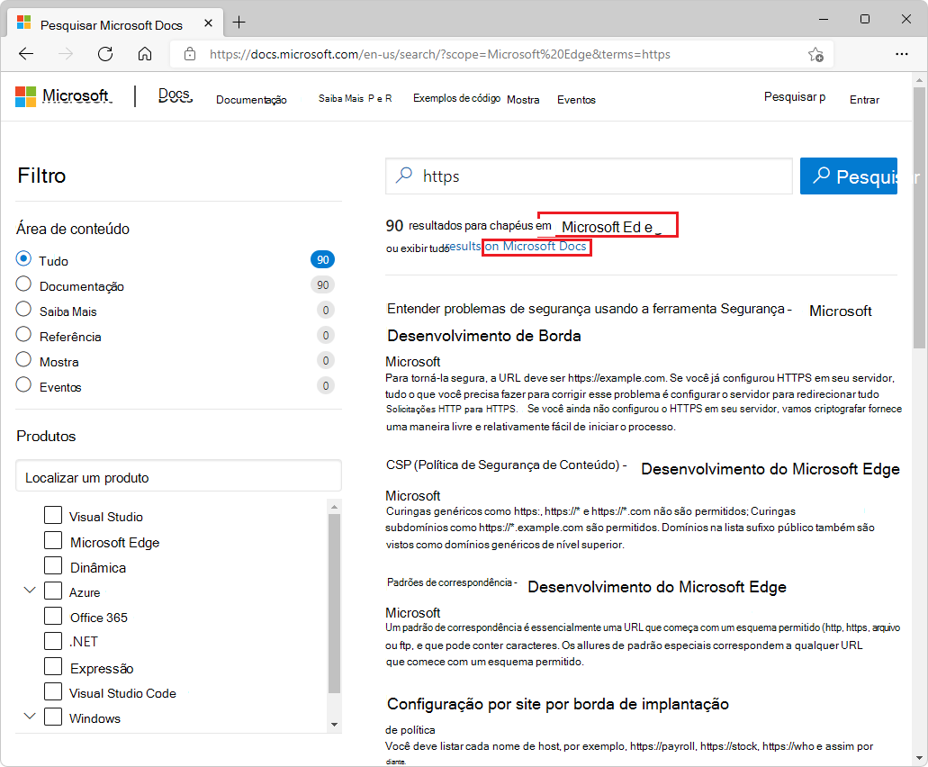 A página de pesquisa de texto completo pesquisa inicialmente toda a documentação do Microsoft Edge ou você pode clicar no link 'Exibir todos os resultados' para obter uma pesquisa mais ampla