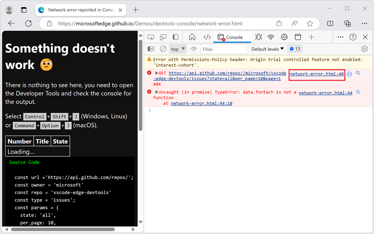 Selecione o link para a página da Web e a linha de código em que o erro ocorre, para abrir a ferramenta Fontes