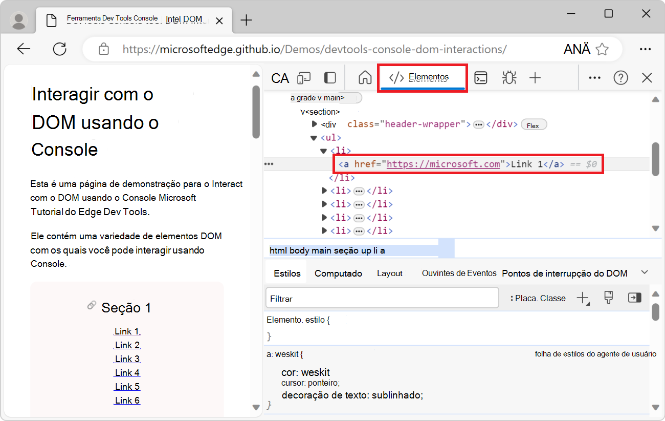 A ferramenta Elementos em DevTools, com o elemento link selecionado