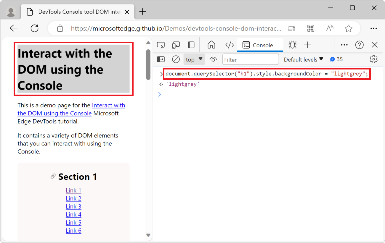 A ferramenta Console, mostrando o código JavaScript acima e a página da Web mostrando o título cinza