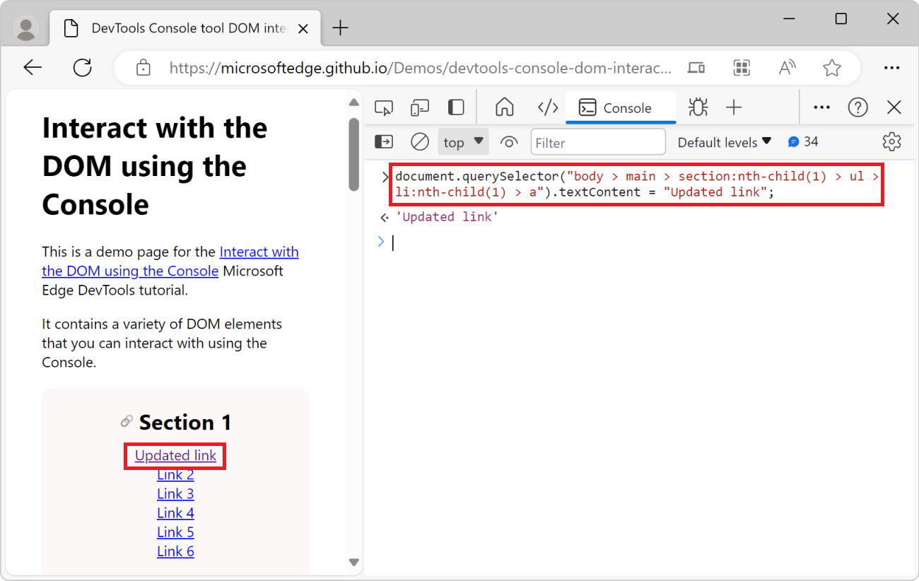A ferramenta Console, com o caminho JS e a expressão textContent e a página da Web, mostrando o texto do link atualizado