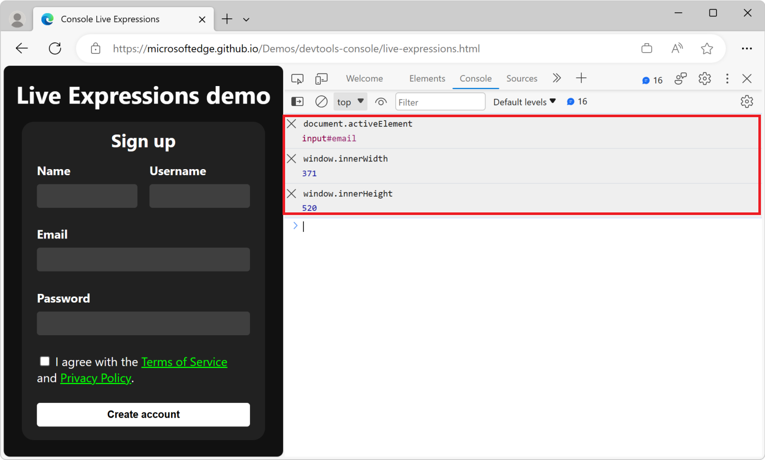 A ferramenta Console em DevTools, com três expressões ao vivo: document.activeElement, window.innerWidth e window.innerHeight