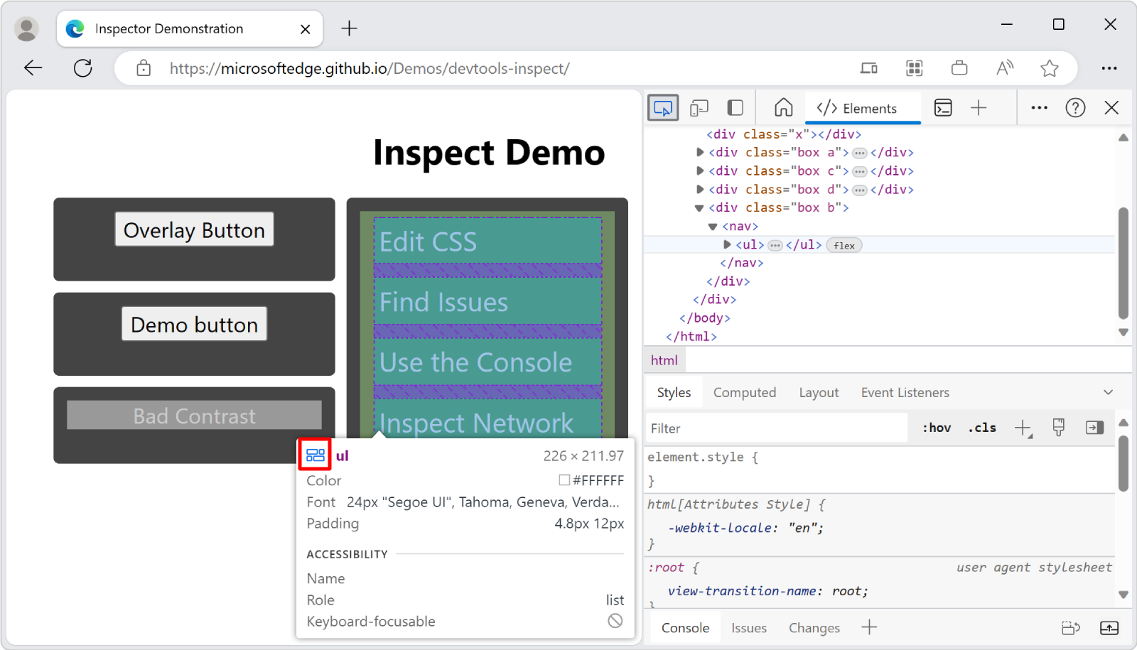 Um elemento que usa a flexbox do CSS tem um ícone extra ao lado de seu nome na sobreposição Inspecionar